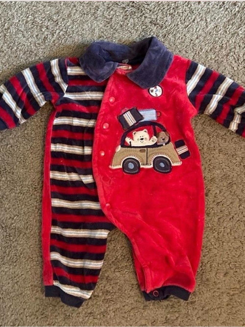Red Plush Baby One-Piece with Stripe Sleeves and Car Applique